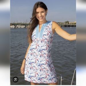 Cabana Life Sleeveless Shift Dress in Light Blue and Coral Nautical Print size L